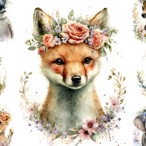 Bloom baby dieren illustraties, 15 hoge kwaliteit JPG's, schattige puppy digitale papier, bloem kroon cliparts, bloemdessin, digitale Crafting