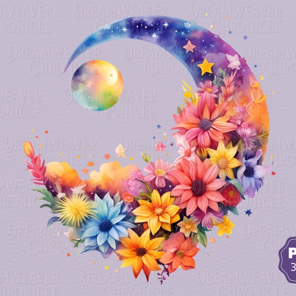 Flower Moon PNG, Floral Moon Clipart, Rainbow Crescent Moon Watercolor Clip Art, Bundle for Commercial use or card making, scrapbook, …