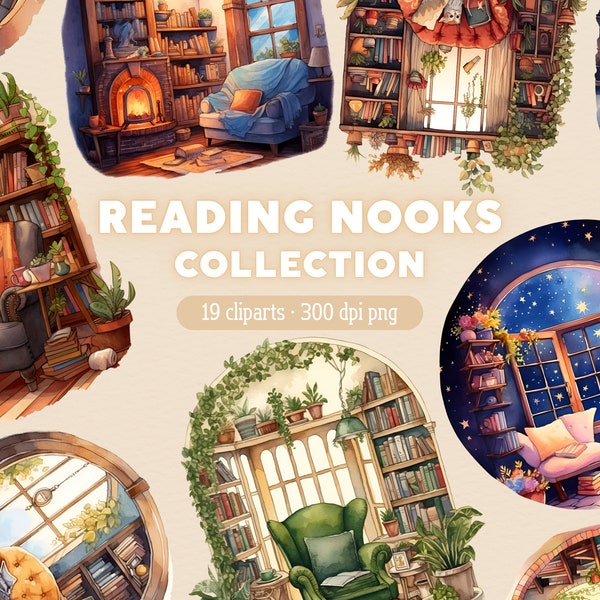 Cozy Reading Nook PNG, Reading Clipart, Bookshelf Bookcase Clip Art, Bundle for Commercial use