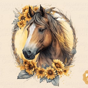 Tournesols cheval PNG, cheval amoureux Clipart, aquarelle Clip Art, Bundle pour usage commercial ou fabrication de cartes, scrapbooking, junk journal, …