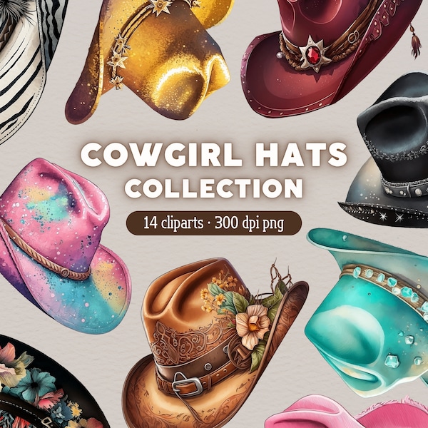 Cowgirl Hats PNG, Cowboy Hat Clipart, Western Watercolor Clip Art, Bundle for Commercial use or card making, scrapbook, junk journal, …