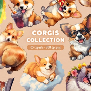Corgi PNG, Kawaii Corgis Clipart, Dog Clip Art, Cute Animal PNG, Paquete para uso comercial o creación de tarjetas, álbum de recortes, diario basura, …