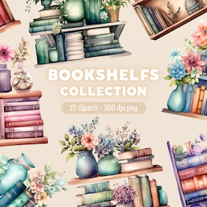 Bücherregal Clipart, Aquarell Bücherregale PNG, Bücher Clip Art, Bundle für kommerzielle Nutzung