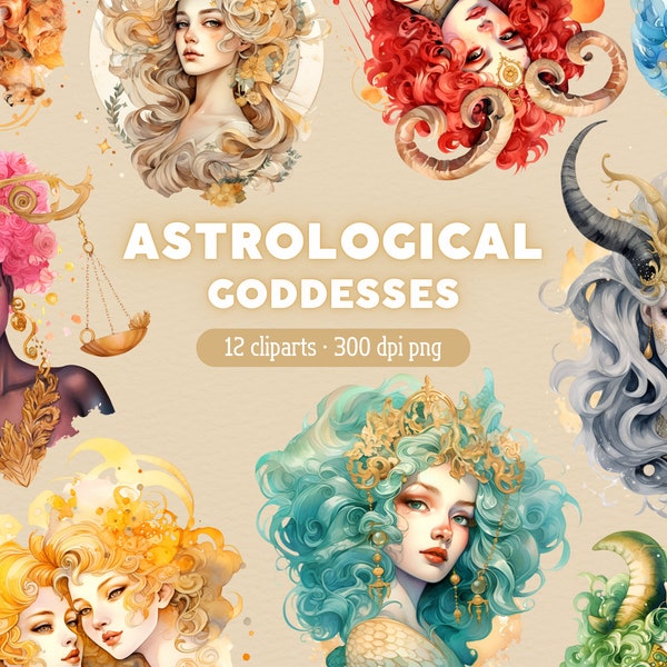Astrological Goddesses PNG, Zodiac signs Clipart, Astrology Horoscope Clip Art, Bundle for Commercial use