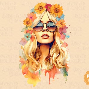 Hippie Girl PNG, Boho Clipart, Retro Hippie Watercolor Clip Art, Pacote para uso comercial ou criação de cartões, álbum de recortes, diário de lixo, …
