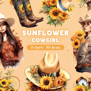 Sonnenblume Cowgirl PNG, Wild Western Clipart, Floral Aquarell Clip Art, Bundle für kommerzielle Nutzung oder Kartenherstellung, Scrapbook, Junk Journal
