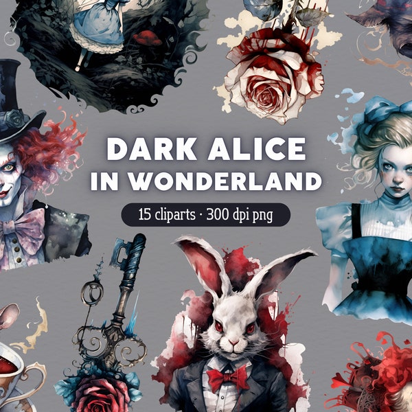 Dark Alice in Wonderland Clipart, Fairy Tales PNG, Magical Fantasy Clip Art, Horror Halloween Bundle for Commercial use