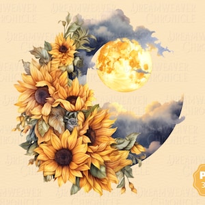Sunflower Moon PNG, Floral Moon Clipart, Boho Crescent Moon Watercolor Clip Art, Bundle for Commercial use or card making, scrapbook, …