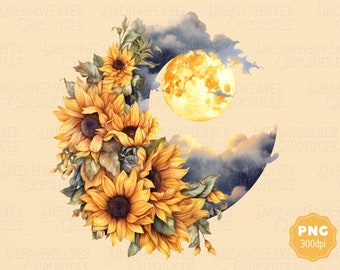 Sunflower Moon PNG, Floral Moon Clipart, Boho Crescent Moon Watercolor Clip Art, Bundle for Commercial use or card making, scrapbook, …