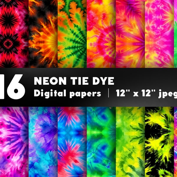 Neon Tie Dye Digital Papers, Tiedye Pattern, Tie and Dye Background, Tie Dye png, Bundle for Commercial use or scrapbook, junk journal, …