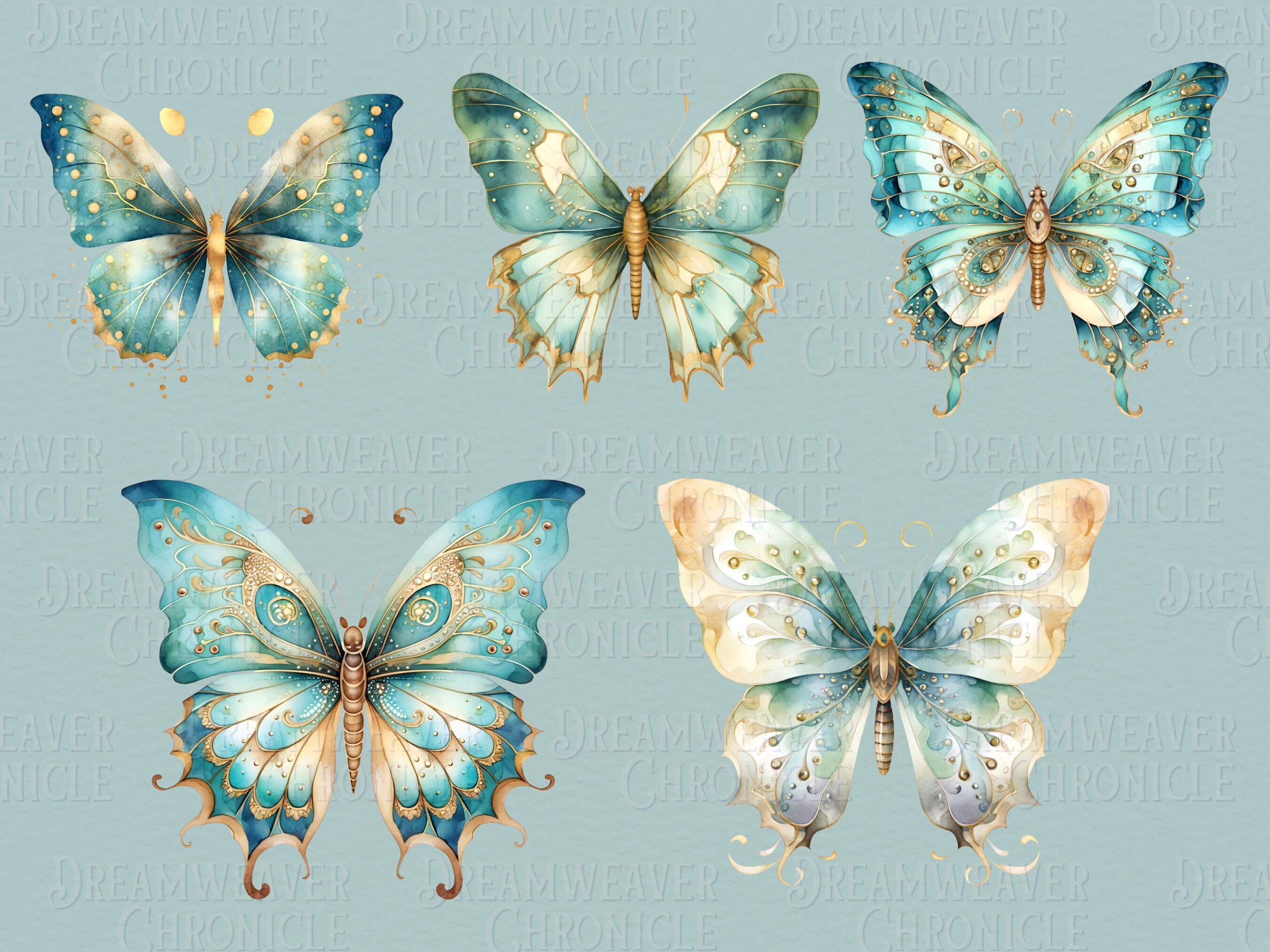 Turquoise Butterfly Clipart, Gold Butterfly PNG, Magical Clip Art