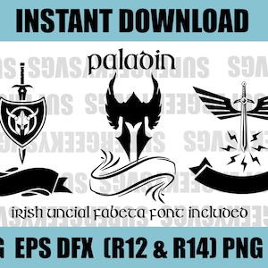 Könnte beinhalten: Drei schwarz-weiße Vektorillustrationen eines Paladins, eines Schwertes mit Flügeln und eines Schwertes mit einem Schild. Das Wort "paladin" ist in einer stilisierten Schrift über den Illustrationen geschrieben. Der Text "irish uncial fabeta font included" befindet sich unter den Illustrationen. Der Text "SVG EPS DFX (R12 & R14) PNG PDF" befindet sich am unteren Rand des Bildes.