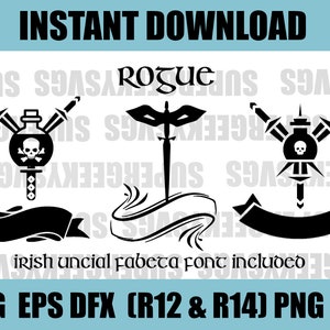 Könnte beinhalten: Ein schwarz-weißes digitales Design mit drei verschiedenen Rogue-Klassensymbolen. Die Symbole beinhalten ein Fläschchen mit einem Totenkopf und gekreuzten Knochen, einen Dolch mit einer Maske und ein Fläschchen mit einem Totenkopf und gekreuzten Knochen mit zwei Dolchen. Der Text "Rogue" befindet sich oben im Design. Der Text "irish uncial fabeta font included" befindet sich unter den Symbolen. Der Text "SVG EPS DFX (R12 & R14) PNG PDF" befindet sich unten im Design.