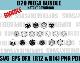 May include: A set of 12 black and white 20-sided dice, or D20s, in various styles. The dice are outlined in black and have a white interior. Some of the dice have numbers on them, while others have a more abstract design. The dice are arranged in three rows of four. The text "D20 MEGA BUNDLE" and "INSTANT DOWNLOAD" is at the top of the image. The text "SVG EPS DFX (R12 & R14) PNG PDF" is at the bottom of the image.
