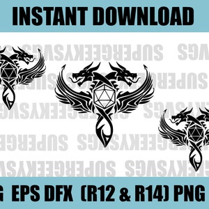 Puede incluir: Descarga digital en blanco y negro de un dragón de dos cabezas con alas, sosteniendo un dado de 20 caras en su centro.