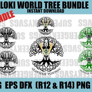 Op de afbeelding: Een digitale downloadbundel met vijf SVG-, EPS-, DFX-, PNG- en PDF-bestanden met een zwart-wit ontwerp van een wereldboom met een Loki-symbool. De tekst "Glorious Purpose" is in het ontwerp opgenomen. De bundel bevat ook een groene versie van het ontwerp.
