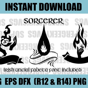 Puede incluir: Tres ilustraciones en blanco y negro de un símbolo de mago. El primer símbolo es una mano sosteniendo una llama. El segundo símbolo es una lágrima con una llama dentro. El tercer símbolo es una mano sosteniendo una llama con una pancarta debajo. El texto "SORCERER" está por encima de los símbolos. El texto "irish uncial fabeta font included" está debajo de los símbolos. El texto "SVG EPS DFX (R12 & R14) PNG PDF" está en la parte inferior de la imagen.