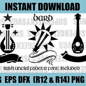 Può includere: Tre illustrazioni in bianco e nero di strumenti musicali, un liuto, un paio di flauti e un mandolino. La parola "bard" è scritta sopra i flauti. Il testo "font fabeta unciale irlandese incluso" è sotto le illustrazioni. Il testo "SVG EPS DFX (R12 & R14) PNG PDF" è nella parte inferiore dell'immagine.