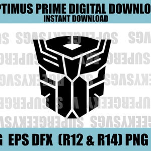 May include: Black and white silhouette of the Autobot symbol, Optimus Prime's head, from the Transformers franchise. The symbol is a stylized robot face with a square jaw and a large, central eye. The image is a digital download and includes SVG, EPS, DFX, PNG, and PDF file formats.