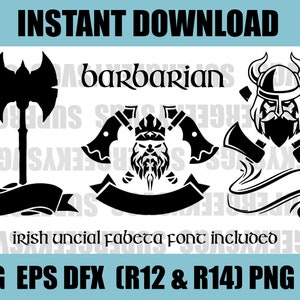 Puede incluir: Diseño digital en blanco y negro con un bárbaro con hachas y una pancarta. El texto "barbarian" está incluido en el diseño. El texto "irish uncial fabeta font included" también está incluido en el diseño. El texto "SVG EPS DFX (R12 & R14) PNG PDF" está incluido en el diseño.