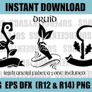 Puede incluir: Tres archivos de corte SVG en blanco y negro que representan una planta estilizada, una mano sosteniendo una planta y una hoz con una hoja de roble. El texto "Druíð" y "fuente fabeta uncial irlandesa incluida" también se incluye en la imagen.