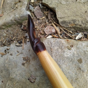 May include: Close-up of a wooden arrow with a dark brown tip. The arrow is lying on a rocky surface.