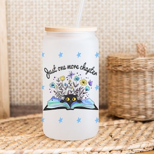 Just one more chapter frosted glass tumbler, cat and books can glass, bookish beer glass tumbler, bookworm glass cup, bookish glass cup