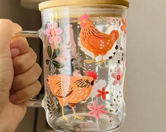 Chicken Owner Gift Idea for Farmer Floral Glass Cup for Farmhouse Kitchen Decor Warming gift Chicken Iced Coffee Cup Chicken themed gift
