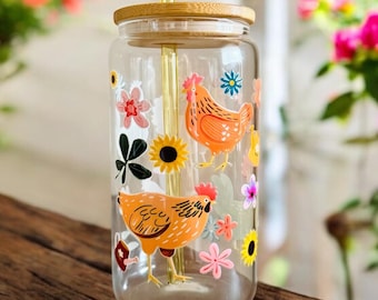 Chicken Glass Cup Gift Her Boho Fall Cute Tea Botanical Flower Tumbler Bamboo Lid Drinkware Farmhouse Kitchen Accessory Spring Drinking 16oz