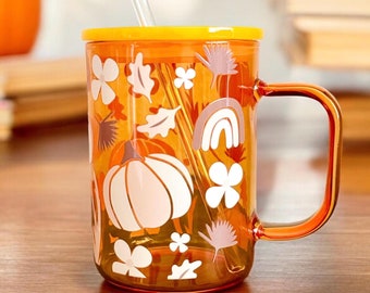 Cute fall Iced coffee glass cup, pumpkin iced coffee cup, fall glass with handle, Halloween coffee glass tumbler, cute fall cup, pumpkin mug