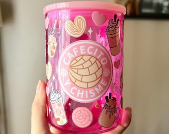 Pink Cafecito y chisme frosted cup, cafecito & chisme glass can, glass cup for latina, conchas cup, cafecito mug, cafecito iced coffee glass