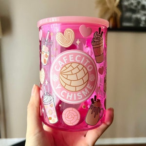 Pink Cafecito y chisme frosted cup, cafecito & chisme glass can, glass cup for latina, conchas cup, cafecito mug, cafecito iced coffee glass