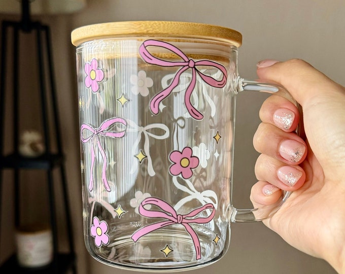 Pink Bow Glass Cup, Coquette Aesthetic Gift, Soft Girl Era Glass Cup ...