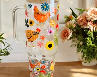 Cute chicken glass tumbler, Cottagecore gift tumbler, chicken cup with lid and straw, gift for chicken lover, Cottagecore gifts for women