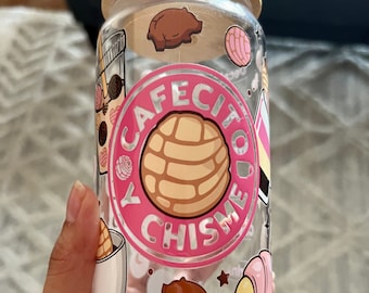 Cafecito y chisme cup, cafecito & chisme glass tumbler, glass cup for latina mom, conchas cup, cafecito tumbler, cafecito iced coffee glass