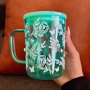 Floral Glass Iced Coffee Cup with Lid & Straw - 17oz Boho Flower Design