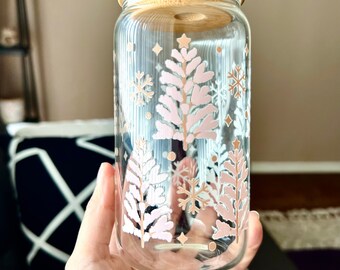 Christmas tree glass cup, fall iced coffee cup, fall coffee cup, winter glass can, Christmas iced coffee glass cup, cute Santa holiday mug