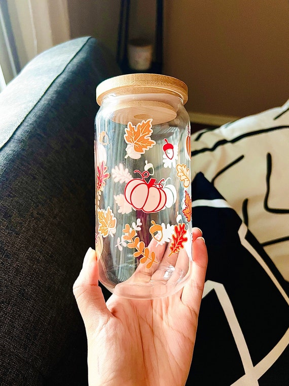 Cute Fall glass cup, fall iced coffee cup, pumpkin glass, Fall glass can, Halloween iced coffee glass cup, cute fall glass can, pumpkin mug