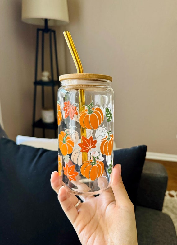 Fall Glass Cup Cozy Fall Gift for Friend Pumpkin Spice Coffee Cup Autumn Fall Season Gift Idea for Halloween Tumbler Cup Fall Aesthetic Gift