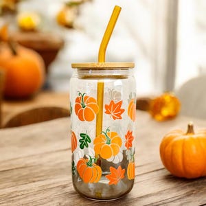 Fall Gift Friend Seasonal Present Idea Autumn Aesthetic Drinkware Glass Tumbler Bamboo Lid Straw Included Beer Can Shape 16oz Clear Glass Cup Boho Design Pattern Coffee Cup Daily Use Halloween Season Theme Cozy Home Decor Style Collection