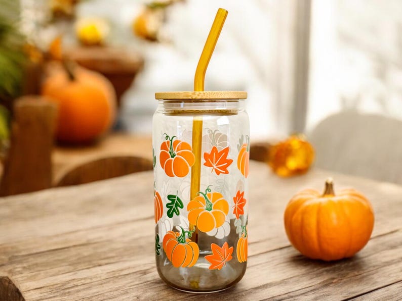 Fall Gift Friend Seasonal Present Idea Autumn Aesthetic Drinkware Glass Tumbler Bamboo Lid Straw Included Beer Can Shape 16oz Clear Glass Cup Boho Design Pattern Coffee Cup Daily Use Halloween Season Theme Cozy Home Decor Style Collection
