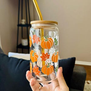 Glass Tumbler Bamboo Lid Straw Included Beer Can Shape Clear Glass Cup Fall Season Design Boho Autumn Aesthetic Pattern Perfect Gift Friend Seasonal Drinkware Collection Coffee Cup Daily Use Halloween Theme Cozy Fall Style Home Decor