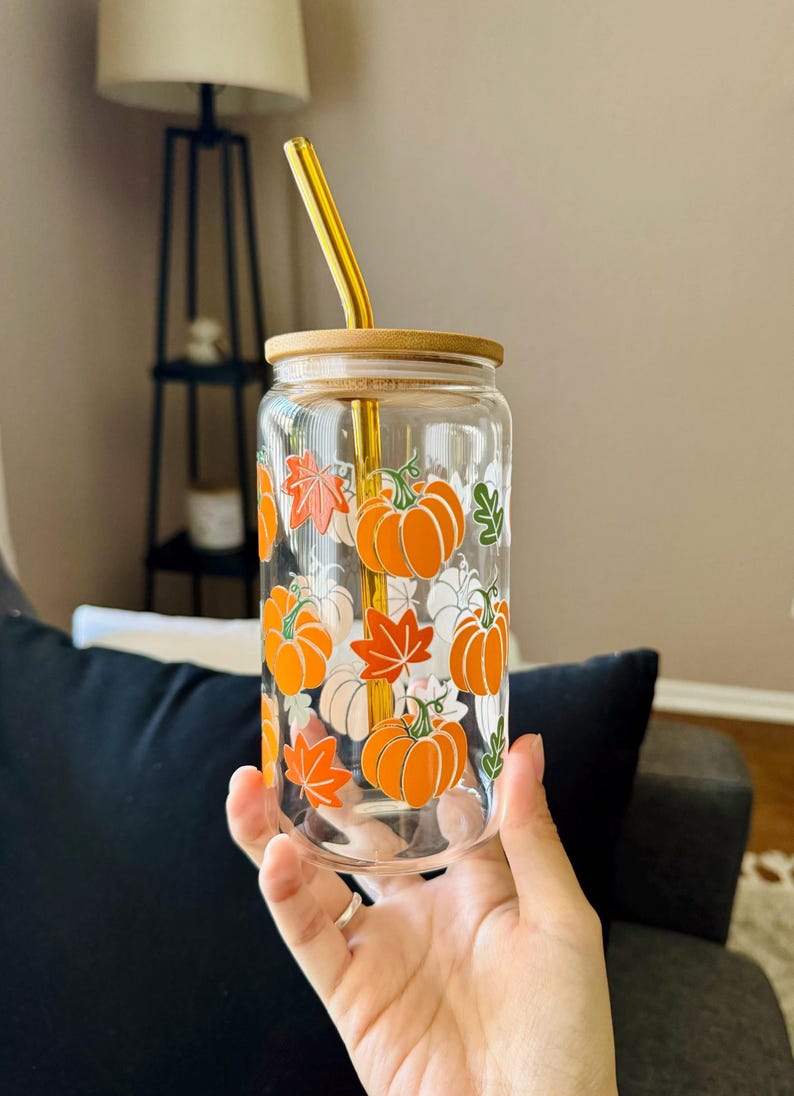 Glass Tumbler Bamboo Lid Straw Included Beer Can Shape Clear Glass Cup Fall Season Design Boho Autumn Aesthetic Pattern Perfect Gift Friend Seasonal Drinkware Collection Coffee Cup Daily Use Halloween Theme Cozy Fall Style Home Decor