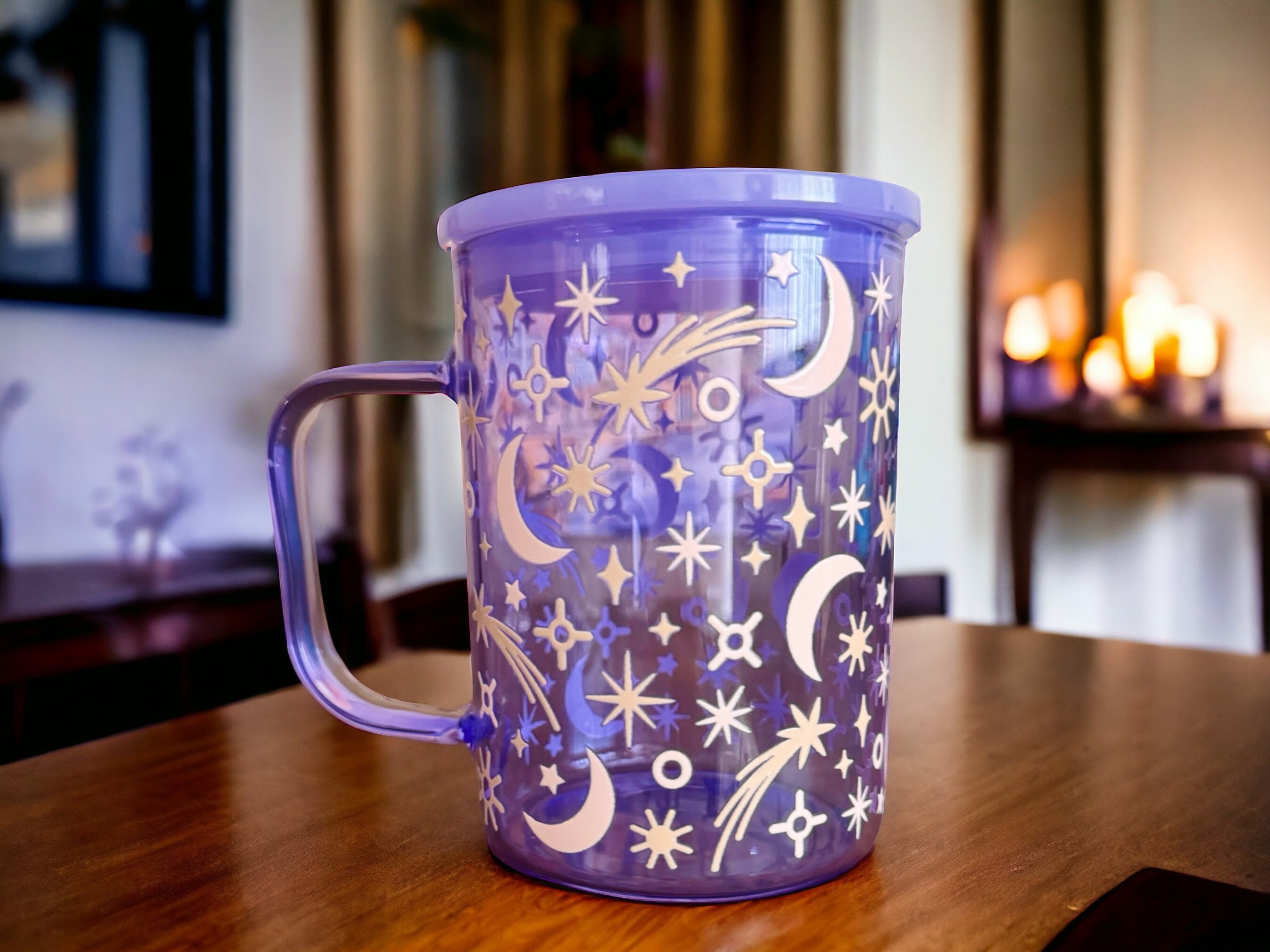 Cute celestial coffee glass cup, stars and moon glass can, Ethereal glass cup, lunar iced coffee cup, witchy cup, glass cup with handle,
