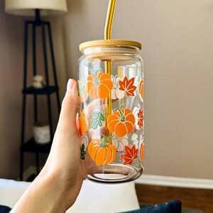 Boho Aesthetic Style Fall Season Design Autumn Pattern Glass Tumbler Bamboo Lid Straw Included Clear Beer Can Shape Cup Seasonal Drinkware Collection Perfect Gift Friend Coffee Cup Daily Use Halloween Theme Cozy Home Decor Present