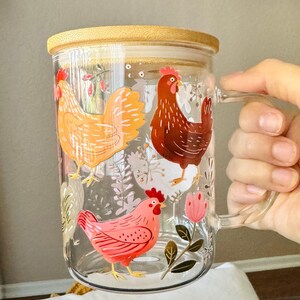 Farm Lover Gift Chicken Themed Glass Cup With Straw Lid Boho Floral Hen Pattern Farmhouse Kitchen Drinkware Cottagecore Coffee Tumbler 17 Ounce Capacity Cold Beverage Essential Reusable Straw Included Garden Enthusiast Present Kitchen Home