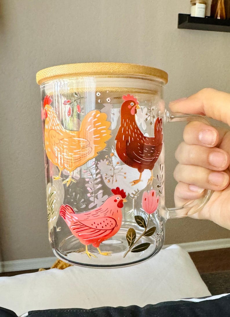 Farm Lover Gift Chicken Themed Glass Cup With Straw Lid Boho Floral Hen Pattern Farmhouse Kitchen Drinkware Cottagecore Coffee Tumbler 17 Ounce Capacity Cold Beverage Essential Reusable Straw Included Garden Enthusiast Present Kitchen Home