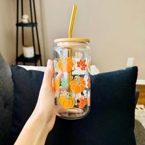 Drinkware Collection Glass Tumbler Bamboo Lid Straw Included Clear Beer Can Shape 16oz Cup Autumn Fall Design Seasonal Pattern Boho Aesthetic Style Coffee Cup Daily Use Perfect Gift Friend Halloween Theme Cozy Home Decor Present Idea