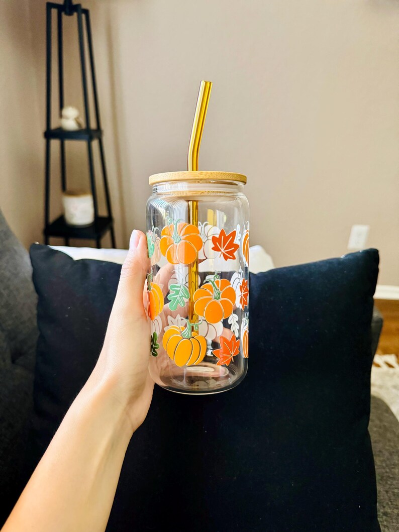 Drinkware Collection Glass Tumbler Bamboo Lid Straw Included Clear Beer Can Shape 16oz Cup Autumn Fall Design Seasonal Pattern Boho Aesthetic Style Coffee Cup Daily Use Perfect Gift Friend Halloween Theme Cozy Home Decor Present Idea