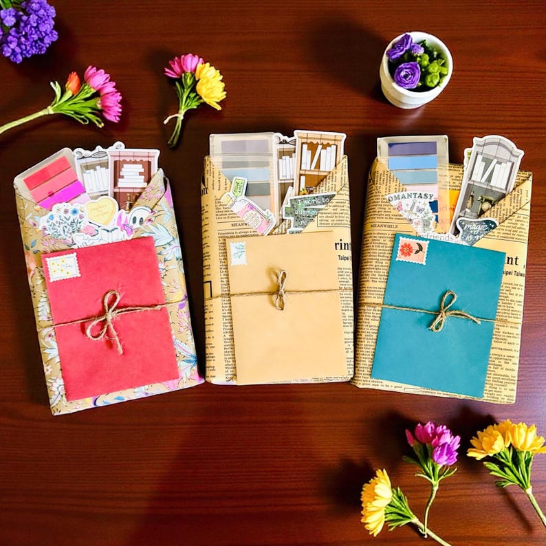 May include: Three decorative packages wrapped in newspaper print, each tied with twine and containing stationery items. The packages feature red, tan, and teal envelopes, adorned with stickers and stamps. Flowers and a small pot of purple flowers are arranged around the packages.